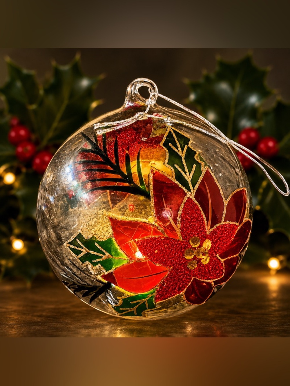 LED Lighted Glass Poinsettia Christmas Orb Ornament – New in Box